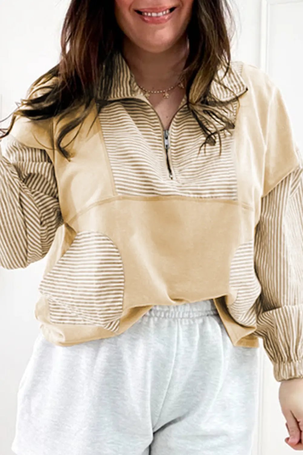 Khaki Stripe Mix Half Zip French Terry Plus Size Sweatshirt Dear-Lover Dropshipping